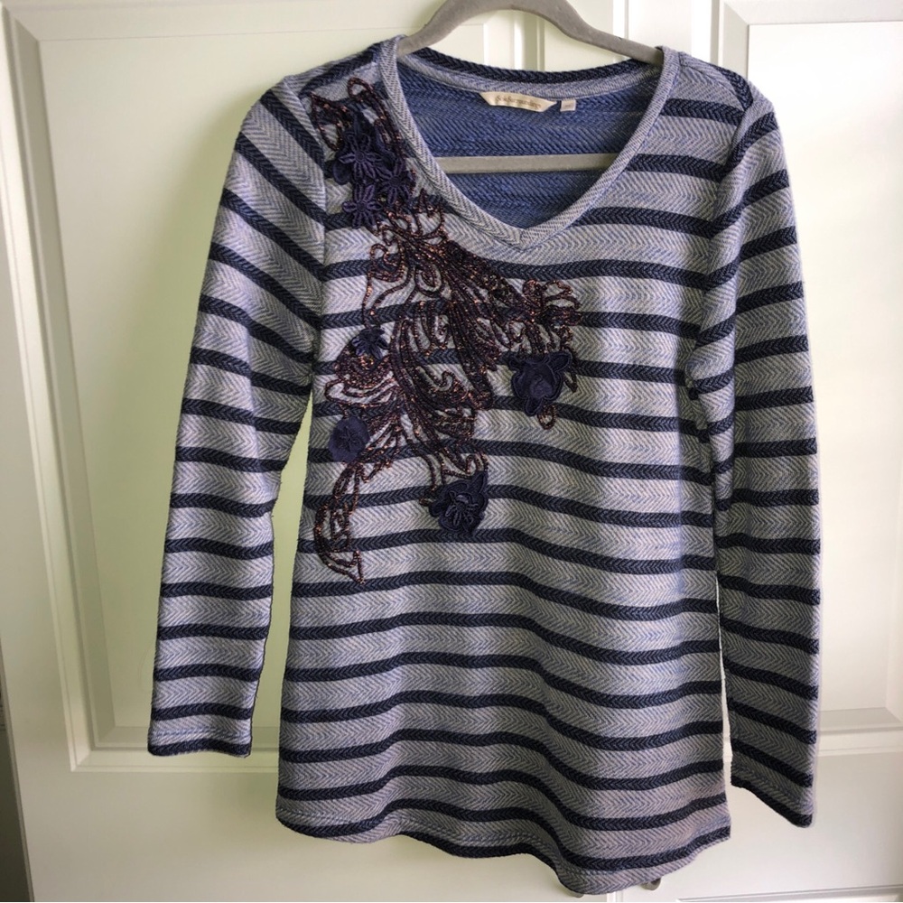 Soft Surroundings PS‎ petite small V-neck top Skrah striped blue Periwinkle